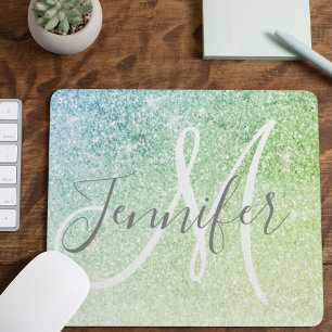 Name des Girl Blue Green Glitzer Glitzern Monogram Mousepad