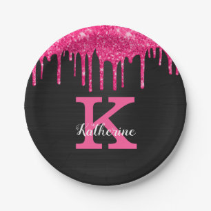 Name des Girl Hot Pink Black Glitzer Tropfen Monog Pappteller