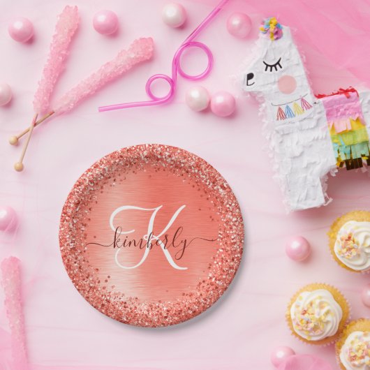 Name des Glitzer Monogram, rot gebürstet Pappteller (Party)