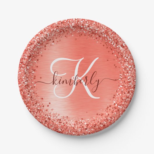 Name des Glitzer Monogram, rot gebürstet Pappteller (Vorderseite)