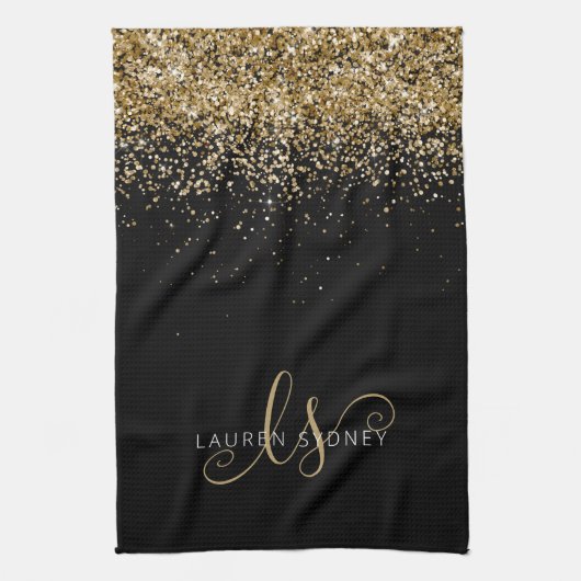 Name des Gold Glitzer Glam Monogram Geschirrtuch (Vertikal)