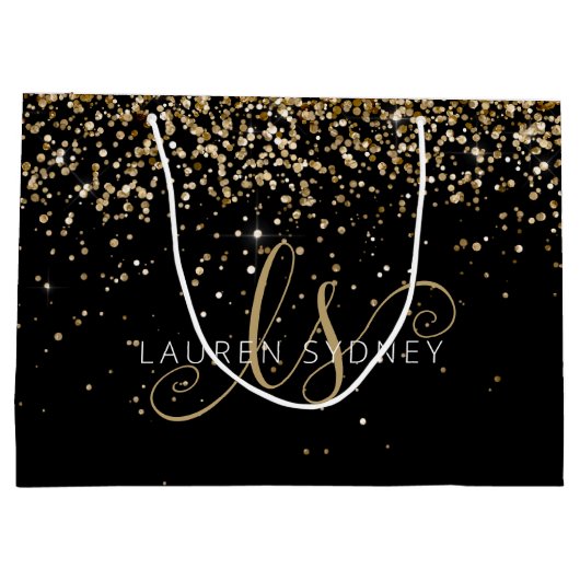Name des Gold Glitzer Glam Monogram Große Geschenktüte (Rückseite)