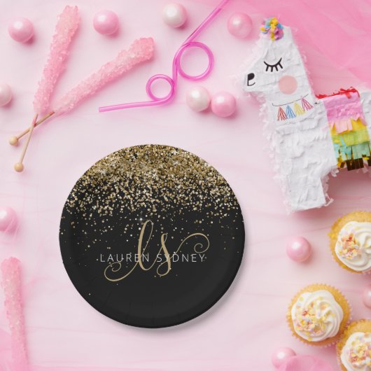Name des Gold Glitzer Glam Monogram Pappteller (Party)