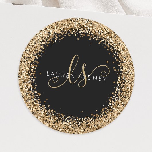 Name des Gold Glitzer Glam Monogram Runder Aufkleber