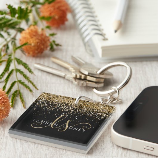 Name des Gold Glitzer Glam Monogram Schlüsselanhänger (Vorderseite rechts)