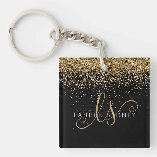 Name des Gold Glitzer Glam Monogram Schlüsselanhänger (Vorderseite)