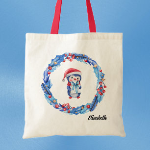 Name des Holiday Blue & Red Pinguin Wreath Tragetasche
