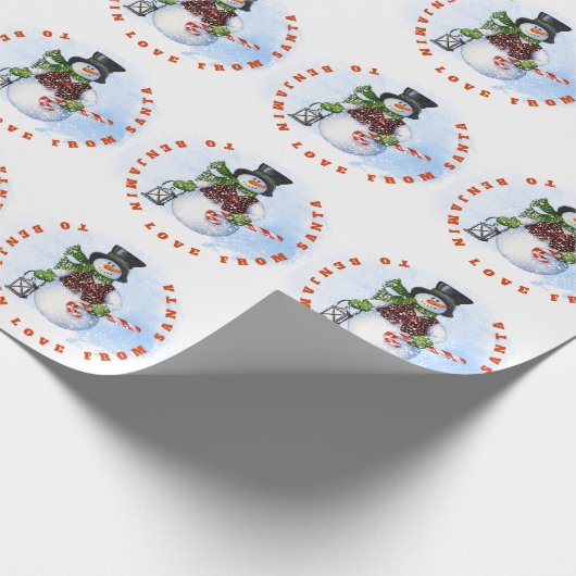 Name des Kindes aus Santa Snowman Candy Cane Geschenkpapier (Ecke)