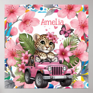 Name des Kindes & Florale Baby-Dschungeltiere-Nurs Poster