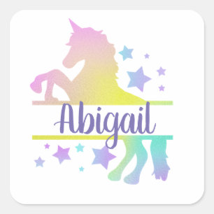 Name des Kindes Rainbow Pastel Unicorn Quadratischer Aufkleber