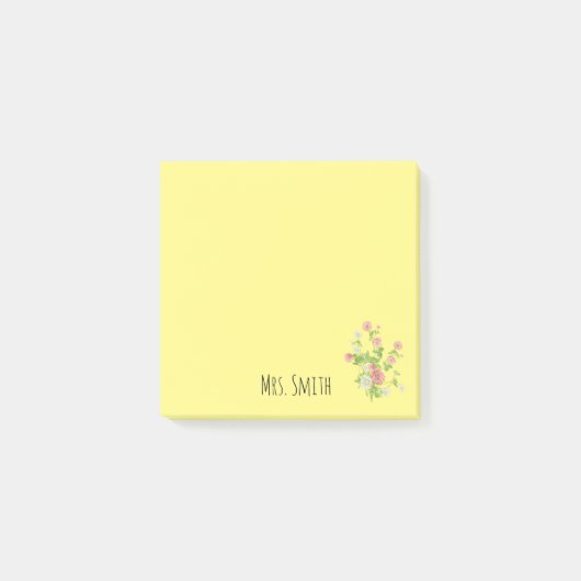 Name des Lehrers gelbes Blumenmonogramm Post-it Klebezettel (Vorderseite)