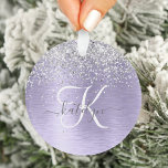 Name des lila gebürsteten Metalls Silber Glitzer M Ornament<br><div class="desc">Dieses trendige und schicke Ornament-Design mit hübschem silberfarbenem Glitzer auf lila,  gebürstetem metallischem Hintergrund ist einfach zu personalisieren.</div>