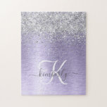 Name des lila gebürsteten Metalls Silber Glitzer M Puzzle<br><div class="desc">Dieses trendige schicke Puzzle-Design mit hübschem silberglänzenden Glitzer auf lila gebürstetem metallischem Hintergrund ist einfach zu personalisieren.</div>