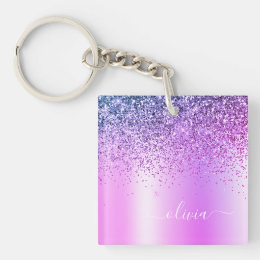 Name des lila Glitzer Sparkle Glam Metal Monogram Schlüsselanhänger (Vorderseite)