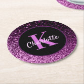 Name des lila rosa Glitzer Monogramm Runder Pappuntersetzer (Angewinkelt)