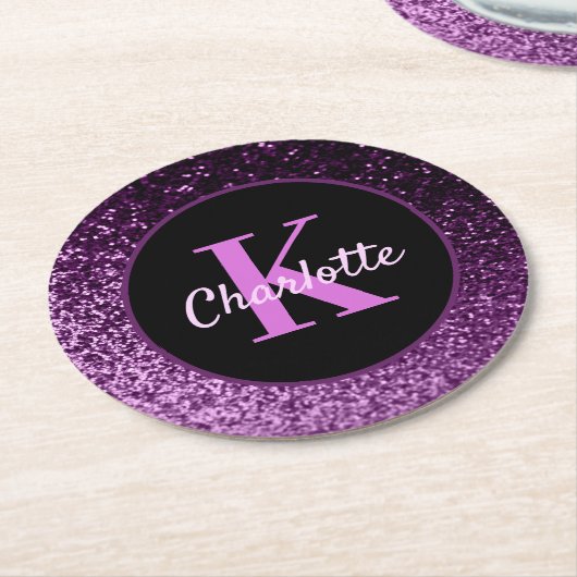 Name des lila rosa Glitzer Monogramm Runder Pappuntersetzer (Angewinkelt)