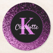 Name des lila rosa Glitzer Monogramm Runder Pappuntersetzer (Vorderseite)
