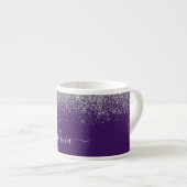 Name des lila Silver Glitzer Girl Monogram Espressotasse (Vorderseite Rechts)