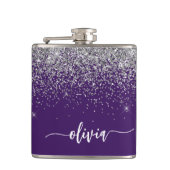 Name des lila Silver Glitzer Girl Monogram Flachmann (Vorderseite)