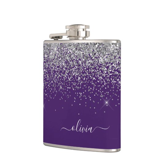 Name des lila Silver Glitzer Girl Monogram Flachmann (Links)