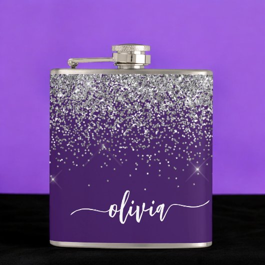 Name des lila Silver Glitzer Girl Monogram Flachmann