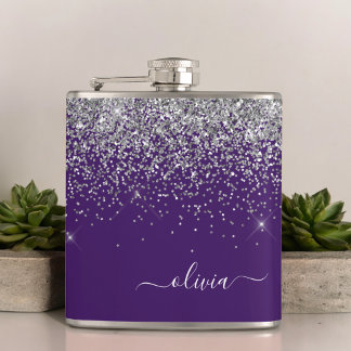 Name des lila Silver Glitzer Girl Monogram Flachmann