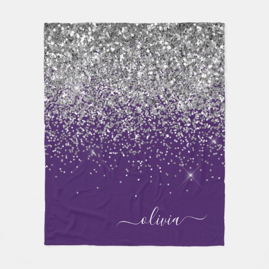 Name des lila Silver Glitzer Girl Monogram Fleecedecke (Vorderseite)