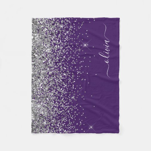 Name des lila Silver Glitzer Girl Monogram Fleecedecke (Vorderseite)