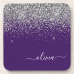 Name des lila Silver Glitzer Girl Monogram Getränkeuntersetzer<br><div class="desc">Lila und Silver Glitzer Script Monogram Name Paper Untersetzer. Dies macht den perfekten Abschluss,  Geburtstag,  Hochzeit,  Brautparty,  Jubiläum,  Babydusche oder Junggeselinnen-Abschied Geschenk für jemanden,  die Lieben glamourösen Luxus und schicke Stile.</div>