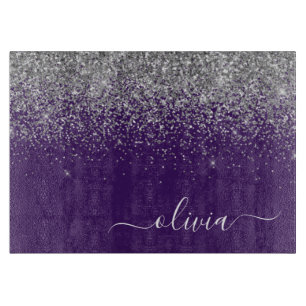 Name des lila Silver Glitzer Girl Monogram Schneidebrett