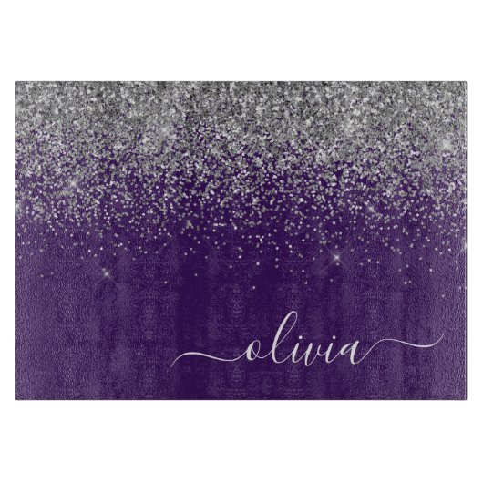 Name des lila Silver Glitzer Girl Monogram Schneidebrett (Vorderseite)