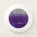 Name des lila Silver Glitzer Girl Monogram Wham-O Frisbee<br><div class="desc">Lila und Silver Sparkle Glitzer Script Monogram Name Frisbee. Dies macht den perfekten Abschluss,  Geburtstag,  Hochzeit,  Brautparty,  Jubiläum,  Babydusche oder Junggeselinnen-Abschied Geschenk für jemanden,  die Lieben glamourösen Luxus und schicke Stile.</div>