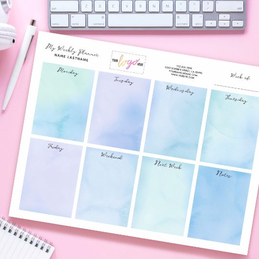 Name des Logos Blue Watercolor Weekly Planner hinz Notizblock