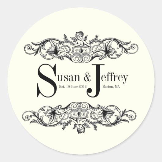 Name des Logos für das Elfenbeinmonogramm Datum Ho Runder Aufkleber (Vorderseite)