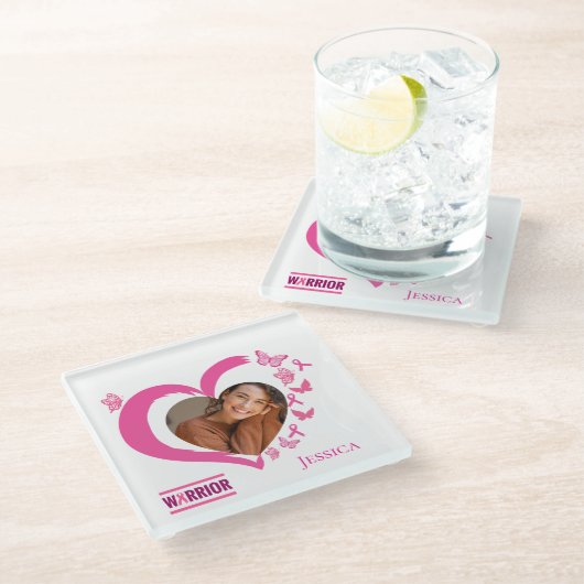 Name des modernen Brustkrebs-Kriegers (Foto) Glasuntersetzer (Schrägansicht)