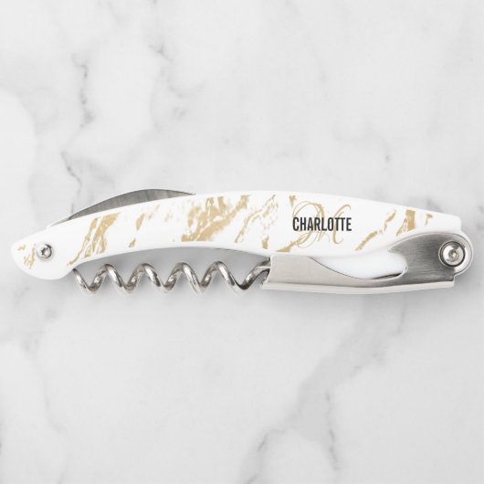 Name des modernen Monogrammes aus weißem Goldmarmo Kellnermesser (Rückseite)