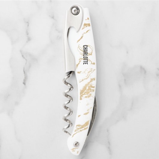 Name des modernen Monogrammes aus weißem Goldmarmo Kellnermesser (Vorderseite)
