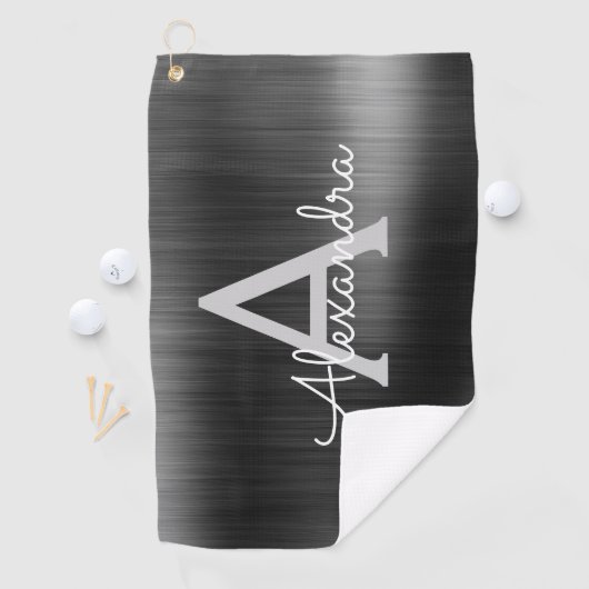 Name des modernen Schwarzen Metallic-Foil-Monogram Golfhandtuch (Insitu)
