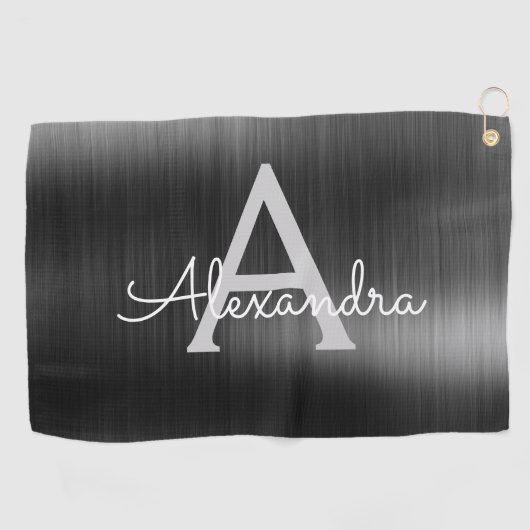 Name des modernen Schwarzen Metallic-Foil-Monogram Golfhandtuch (Horizontal)