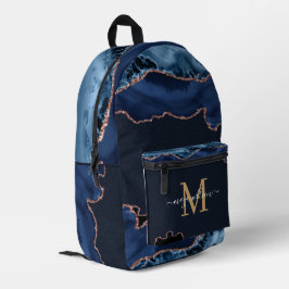 Name des Monogram-Skripts für Navy Blue Gold Agate Bedruckter Rucksack