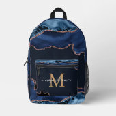 Name des Monogram-Skripts für Navy Blue Gold Agate Bedruckter Rucksack (Vorderseite)