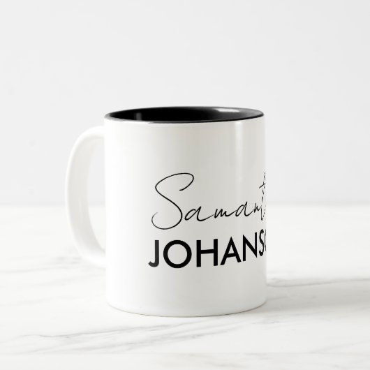 Name des Monogramm-Skripts | Moderne Minimalistisc Zweifarbige Tasse (Vorderseite Links)