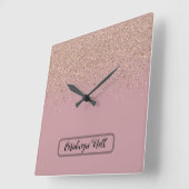 Name des Monogrammes für Elegante Rose Glitzer | Quadratische Wanduhr (Winkel)