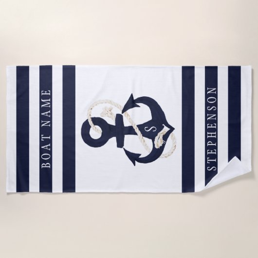 Name des Monogrammes Nautic Anchor Navy White Stri Strandtuch (Vorderseite)