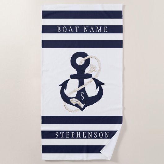 Name des Monogrammes Nautic Anchor Navy White Stri Strandtuch (Vorderseite)