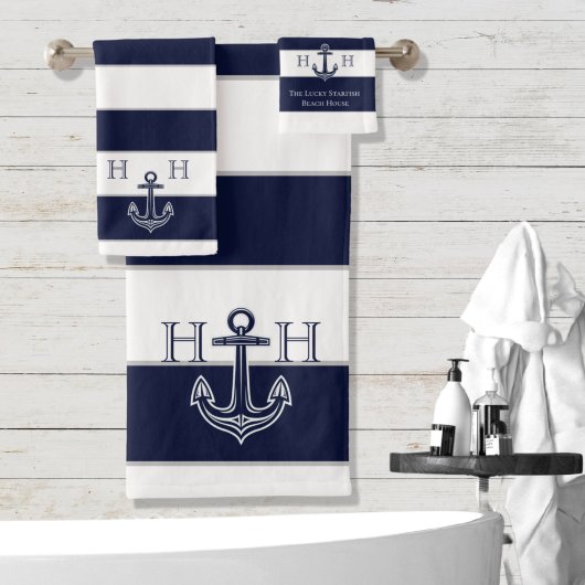 Name des Monogrammes Nautic Navy Blue Anchor Coast Badhandtuch Set