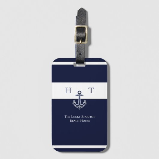 Name des Monogrammes Nautic Navy Blue Anchor Coast Gepäckanhänger (Vorderseite Vertikal)