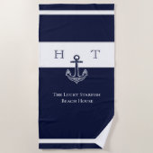 Name des Monogrammes Nautic Navy Blue Anchor Coast Strandtuch (Vorderseite)