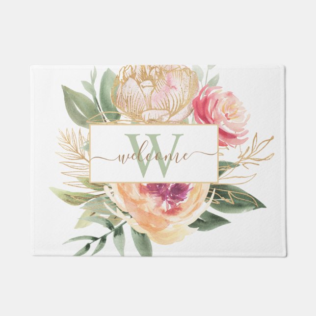Name des Monogrammes "Peony and Gold Foil Blogram  Fußmatte (Vorderseite)
