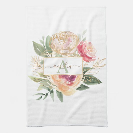 Name des Monogrammes "Peony and Gold Foil Blogram  Geschirrtuch (Vertikal)